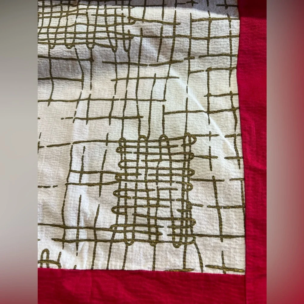 Vintage Tablecloth red 9” edge with cream & soft faded metallic insert